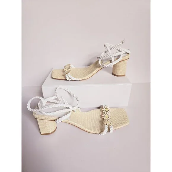 Schutz Hina Daisy Fairy Rafia Floral Lace Up White Block Heels Sandals Shoes 7.5 - Picture 2 of 14